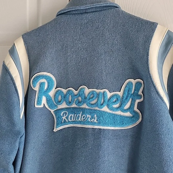 Vintage Butwin Wool Varsity High School Jacket Light Blue & White + Pins Dan